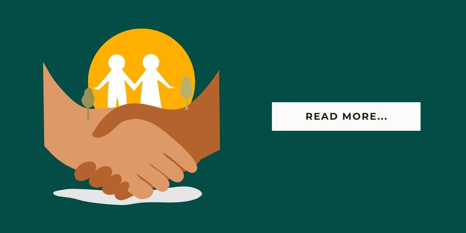 An illustration of people shaking hands with a button that says, "Read More..."