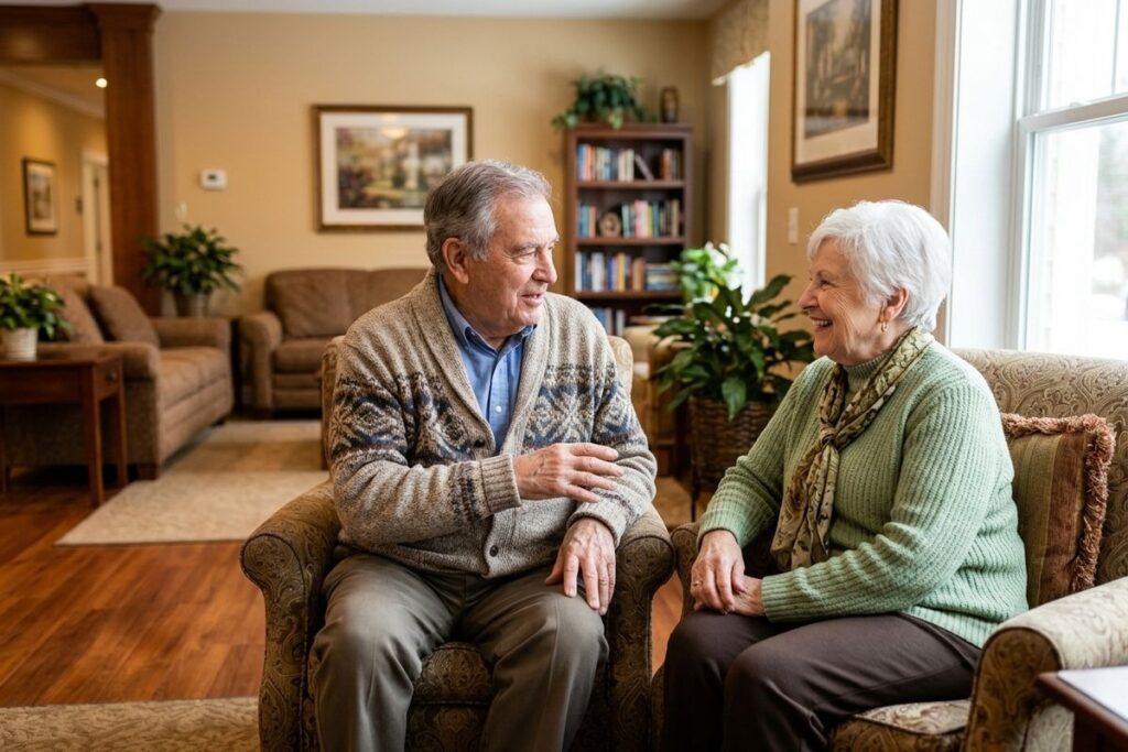 Two seniors sit and talk in a sunlit common area in a memory care community.